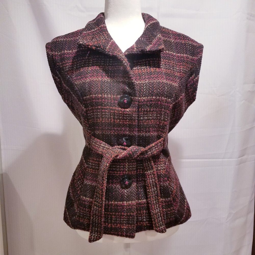 cAbi Cinch It Up Brown Plaid Tweed Vest Size Small